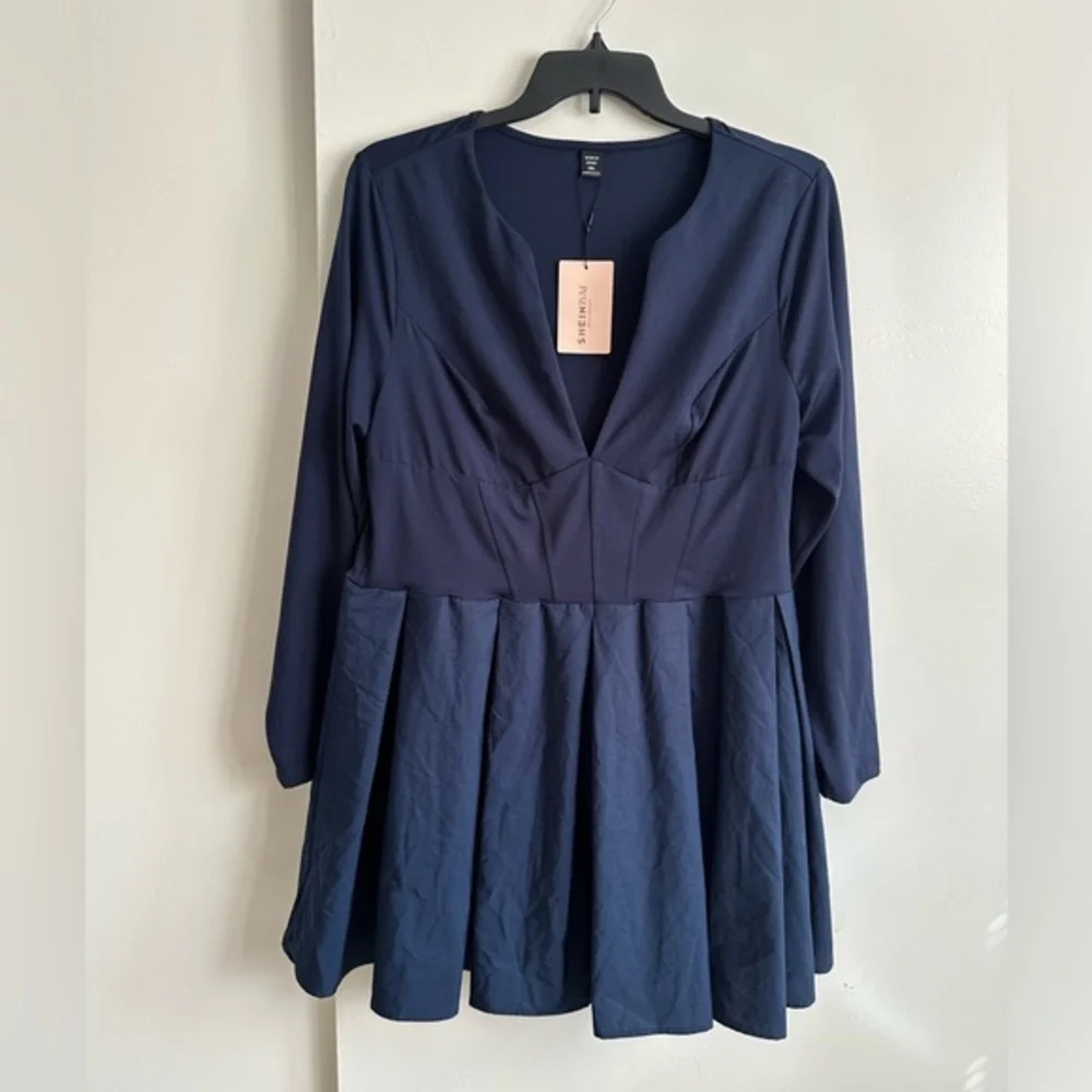 shein dresses navy blue Shein Belle Curve Plus Asymmetric Neck Ruffle Sleeve Sequin Dress Navy 14 0XL